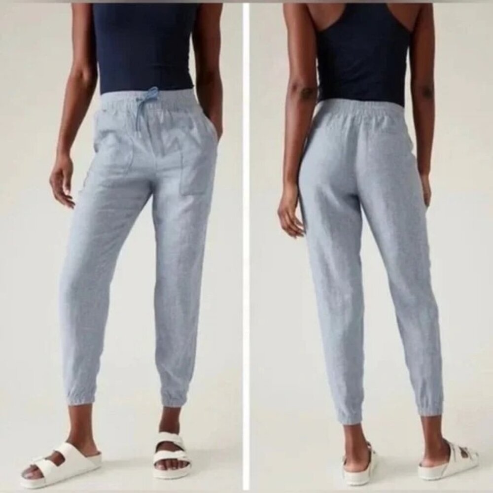 Athleta Retreat Linen Jogger Pants Chambray Blue Elastic Waist Size 12